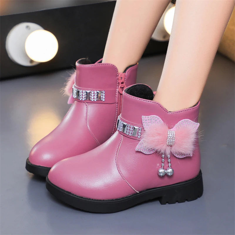 Winter New Children's Shoes Girl Mid Length Warm Leather Boots Baby Bow Cute  Plush Student  Cotton Boots