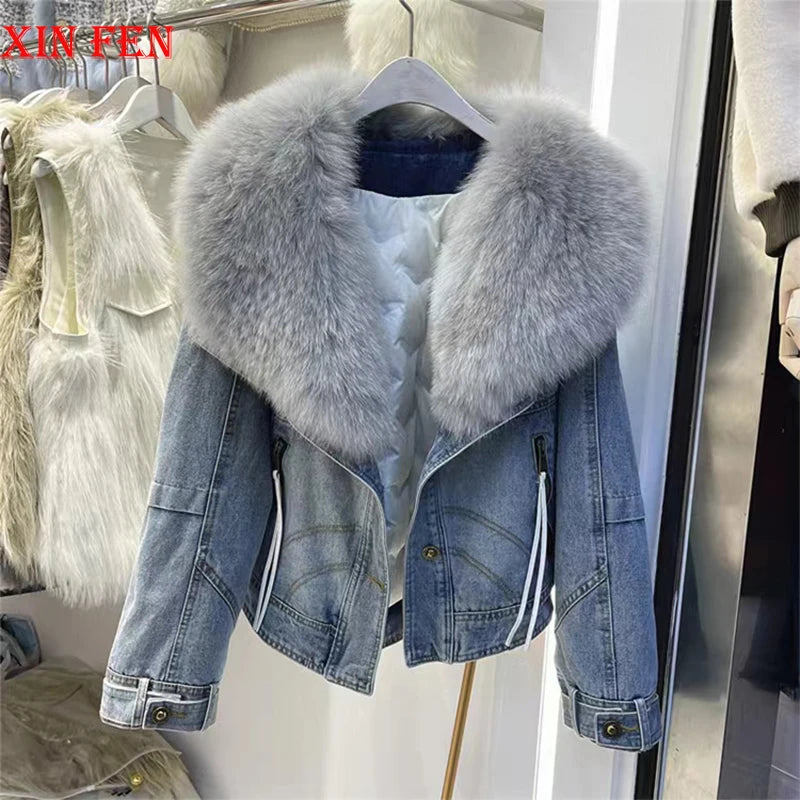 Womens Coats Winter 2024New Natural Real Fox Fur Collar removable Luxury Goose Down Puffer Jackets Clothing Short Denim Jacket