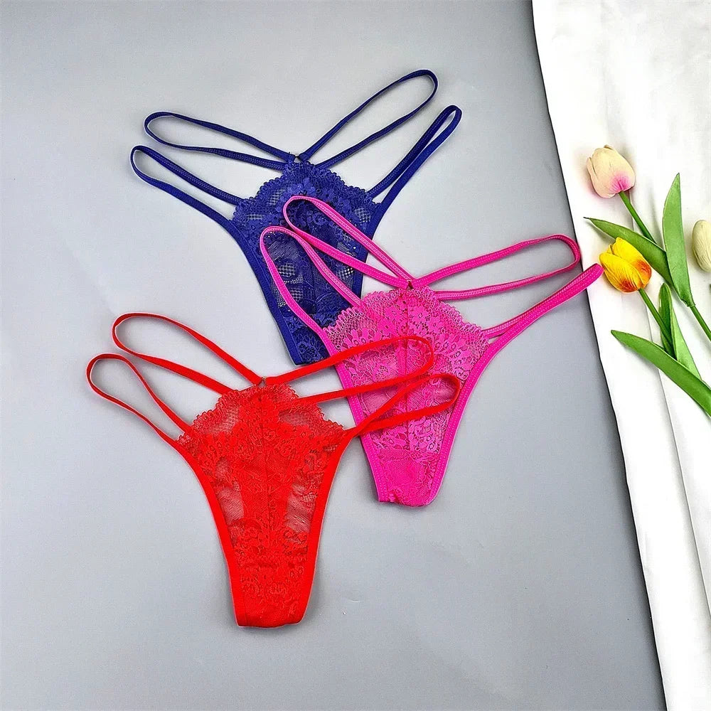 3 Pcs Lace Thin Strap Thong Women Low Waist Sexy Perspective Underwear Ladies Transparent G-string Panty Plus Size T-back