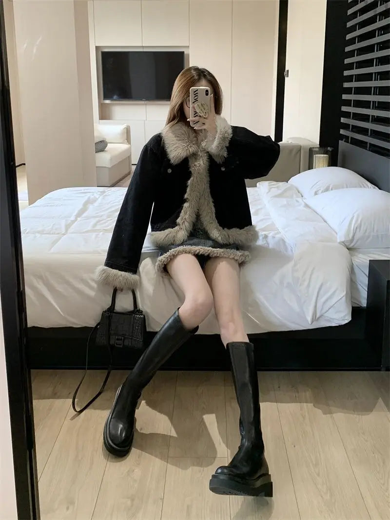 Autumn and Winter New Warm Suit Women's Fur One-piece Denim Jacket Y2K Fashion Splicing Skirt Goth Skirt Harajuku Two-piece Set