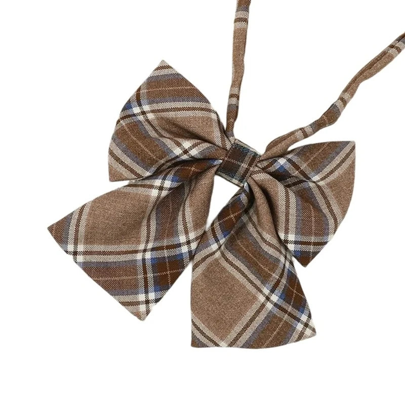 Polyester Silk Pre-Tied Neck Tie Vintage Brown Checkered Striped Necktie JK Girl School Student Uniform Bowknot Bowtie