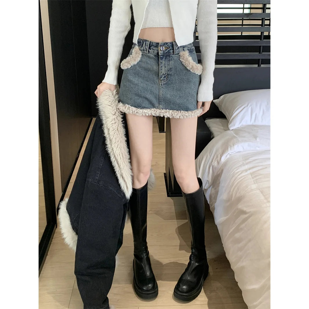 Autumn and Winter New Warm Suit Women's Fur One-piece Denim Jacket Y2K Fashion Splicing Skirt Goth Skirt Harajuku Two-piece Set