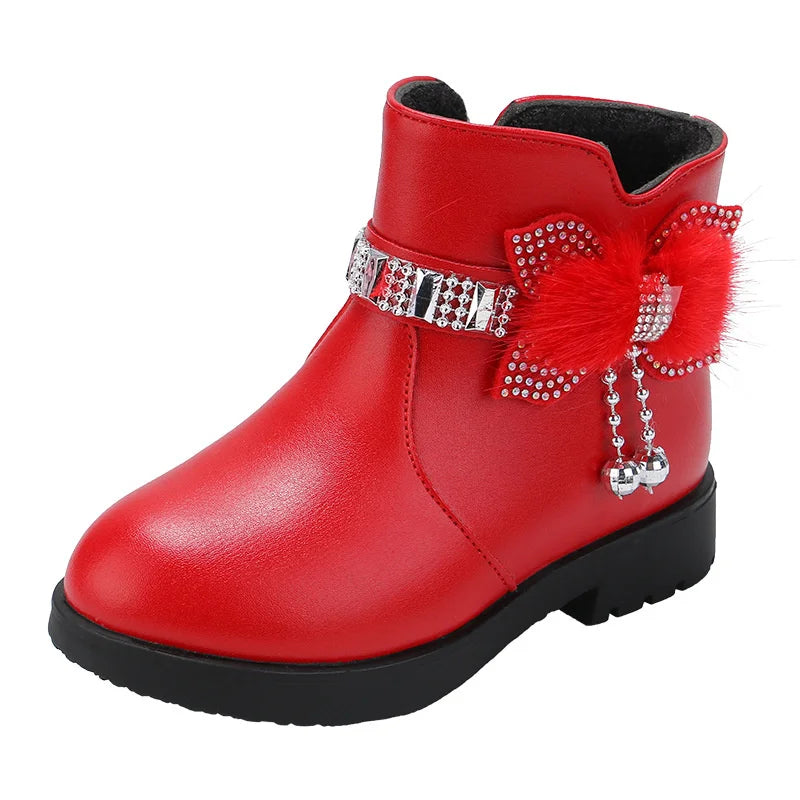 Winter New Children's Shoes Girl Mid Length Warm Leather Boots Baby Bow Cute  Plush Student  Cotton Boots