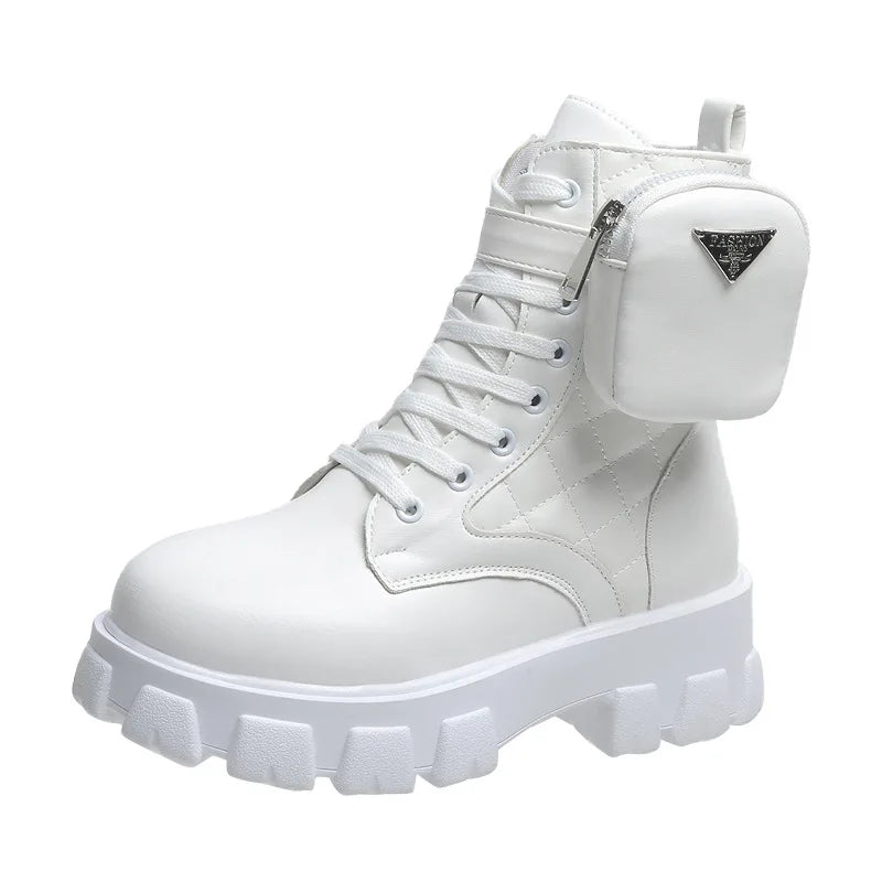 2024 New Women Thick-Soled Leather New Boots Casual Women Boots Women Fashion Lace-Up High Boots Nylon Pouch Heels Flats Booties