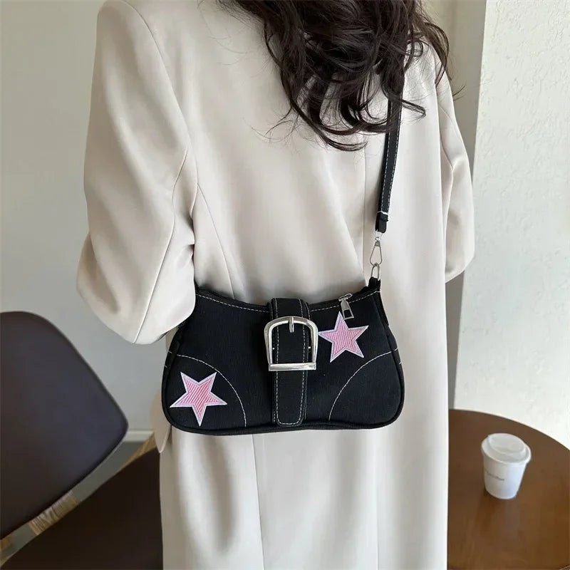 Y2k Fashion Women's Handbags Stars Pattern Cool Girls Underarm Bag Fashion Canvas Female Small Shoulder Bags Chain Tote Purses