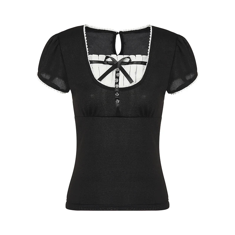 Lamuusaa y2k Coquette Tops Women Grunge Bow Ruffle Patchwork Square Neck Short Sleeve Tshirt 2000s Aesthetic Clothing Streetwear