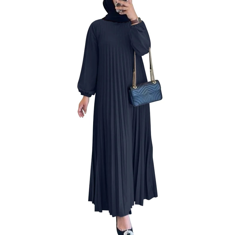 Women Autumn Maxi Dress Muslim Dubai Abaya Hijab Vestidos 2024 ZANZEA Fashion Long Sleeve Pleated Sundress Robe IsIamic Clothing