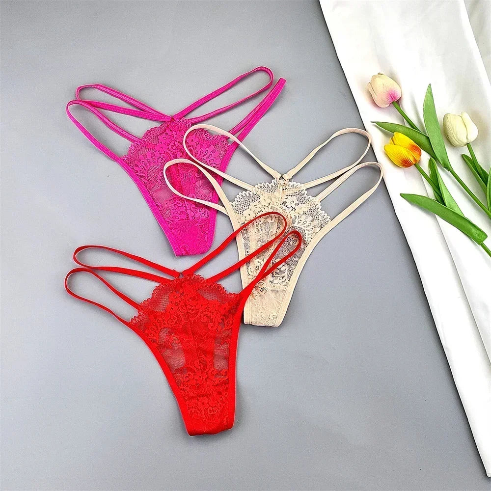 3 Pcs Lace Thin Strap Thong Women Low Waist Sexy Perspective Underwear Ladies Transparent G-string Panty Plus Size T-back