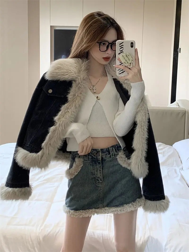 Autumn and Winter New Warm Suit Women's Fur One-piece Denim Jacket Y2K Fashion Splicing Skirt Goth Skirt Harajuku Two-piece Set