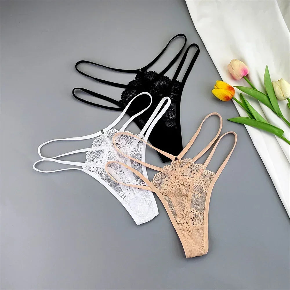 3 Pcs Lace Thin Strap Thong Women Low Waist Sexy Perspective Underwear Ladies Transparent G-string Panty Plus Size T-back