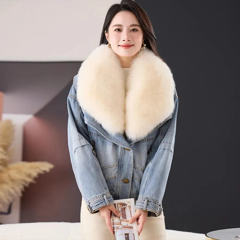 Womens Coats Winter 2024New Natural Real Fox Fur Collar removable Luxury Goose Down Puffer Jackets Clothing Short Denim Jacket