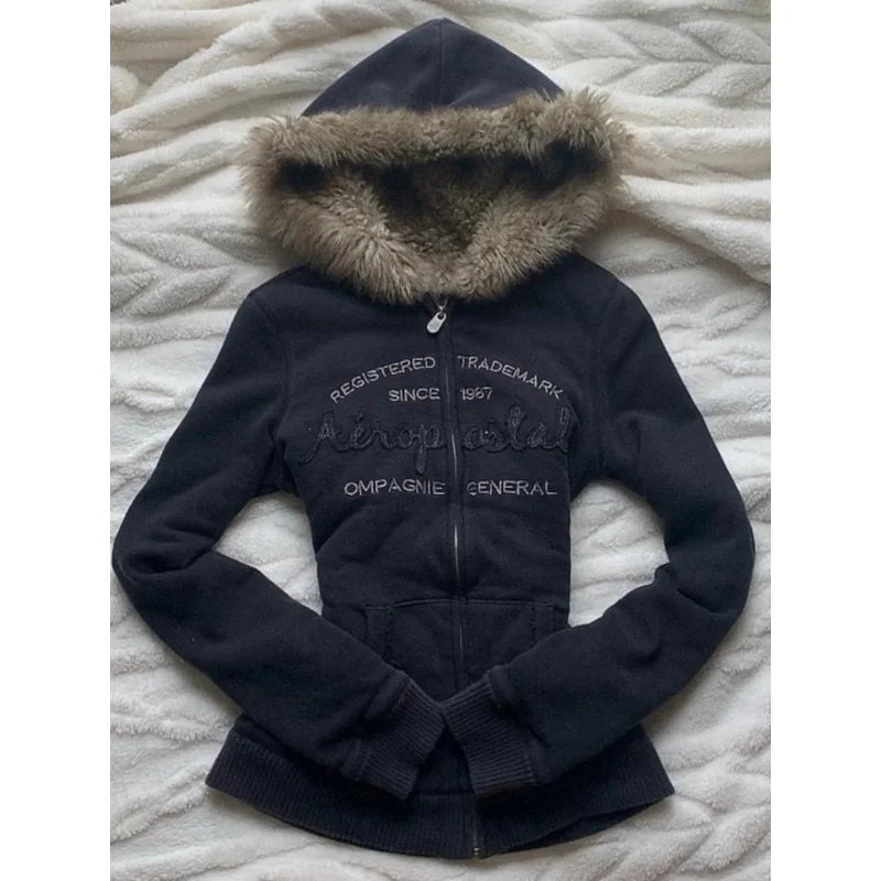 Retro Fur Collar Letter Embroidered Black Zipper Hoodie Women Y2K Street Millennial Hot Girl Slim Warm Harajuku Casual Jacket