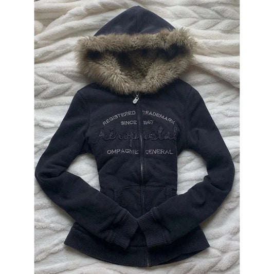 Retro Fur Collar Letter Embroidered Black Zipper Hoodie Women Y2K Street Millennial Hot Girl Slim Warm Harajuku Casual Jacket