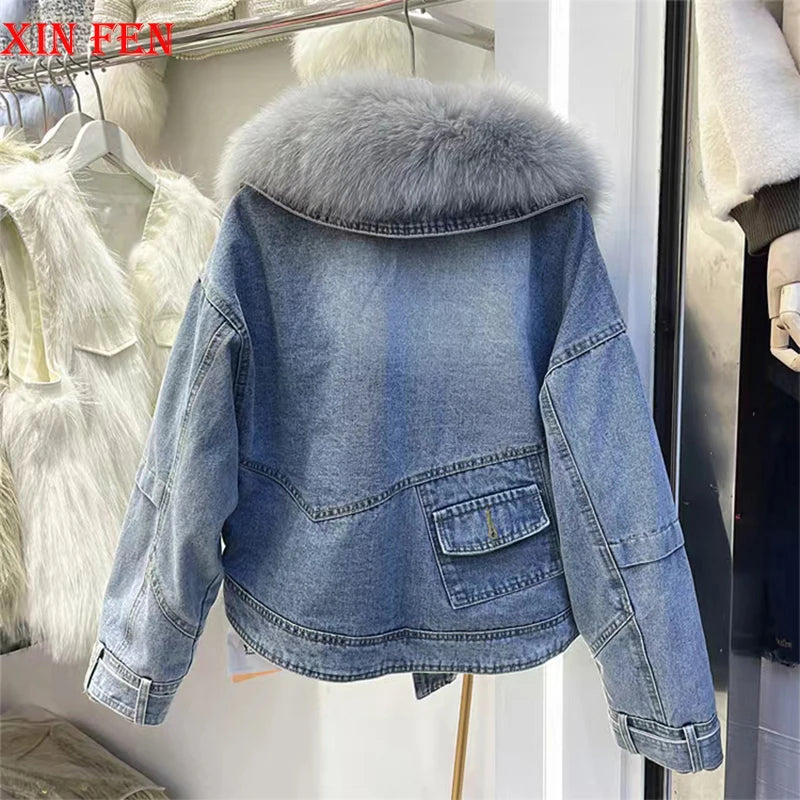 Womens Coats Winter 2024New Natural Real Fox Fur Collar removable Luxury Goose Down Puffer Jackets Clothing Short Denim Jacket