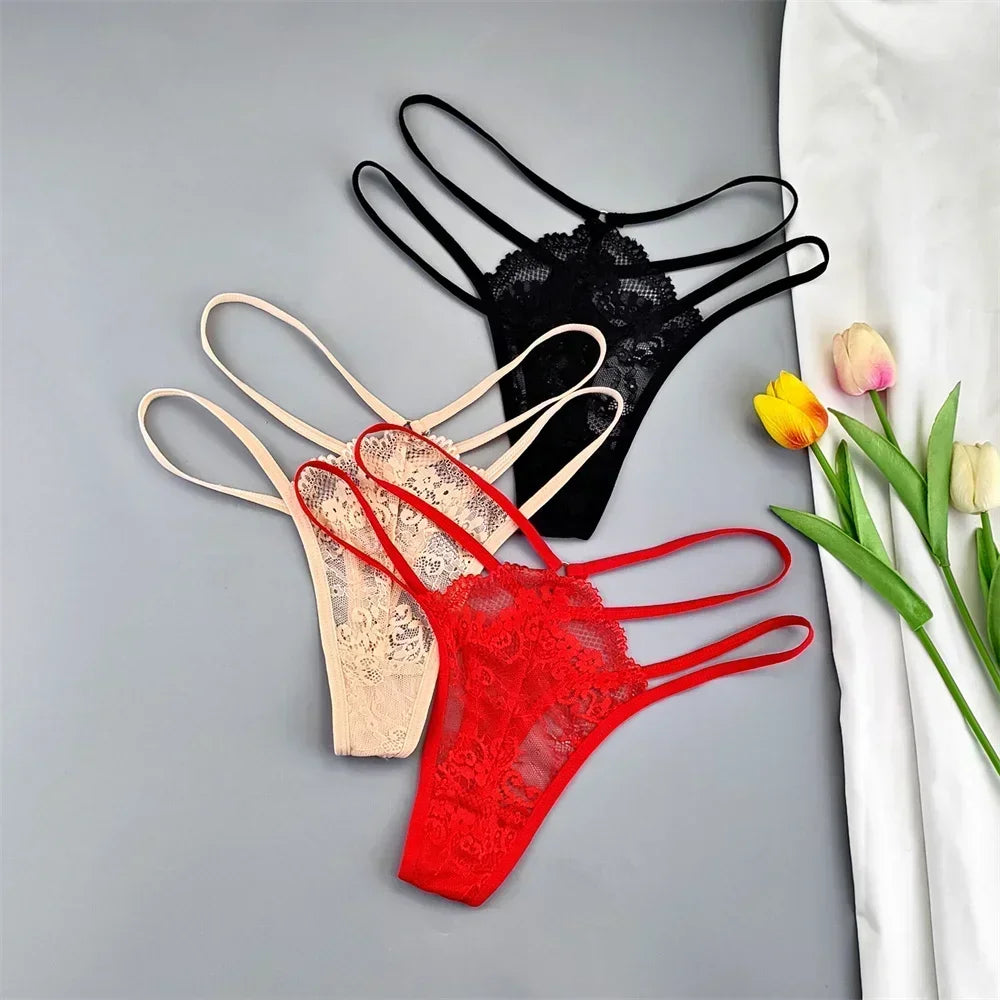 3 Pcs Lace Thin Strap Thong Women Low Waist Sexy Perspective Underwear Ladies Transparent G-string Panty Plus Size T-back