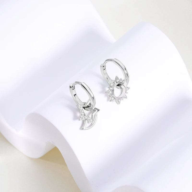 925 Silver Hoop Earrings  For Woman Pendientes Zircon Heart Shape Star Eardrop Original Earring Fashion Jewelry