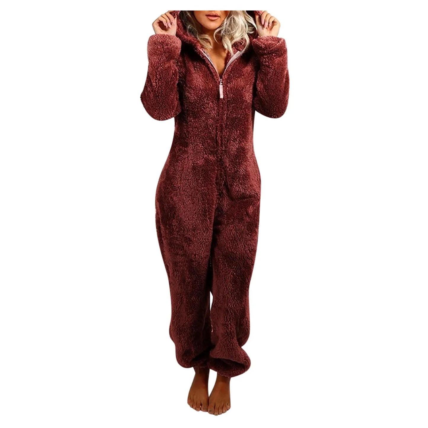 Winter Warm Sleepwear Home Clothes Cute Cat Ear Onesies Pyjamas Fluffy Fleece Hooded Jumpsuit Playsuit Pajama For Women Overalls