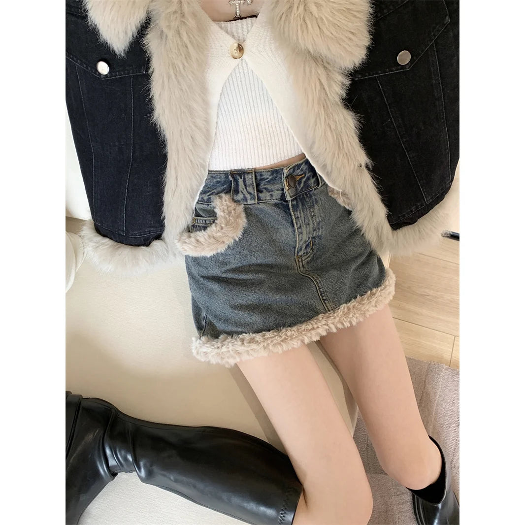 Autumn and Winter New Warm Suit Women's Fur One-piece Denim Jacket Y2K Fashion Splicing Skirt Goth Skirt Harajuku Two-piece Set