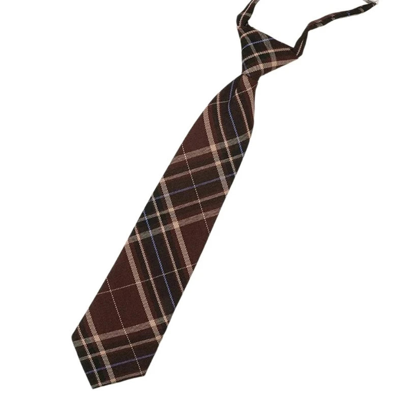 Polyester Silk Pre-Tied Neck Tie Vintage Brown Checkered Striped Necktie JK Girl School Student Uniform Bowknot Bowtie
