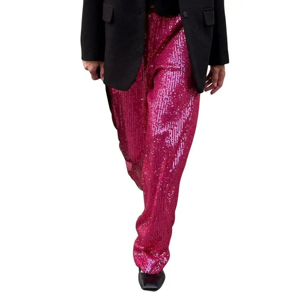 High-waisted Sequin Pants Sequin Embellished Wide Leg Pants for Women Mid-rise Elastic Waist Trousers with Shiny for Women