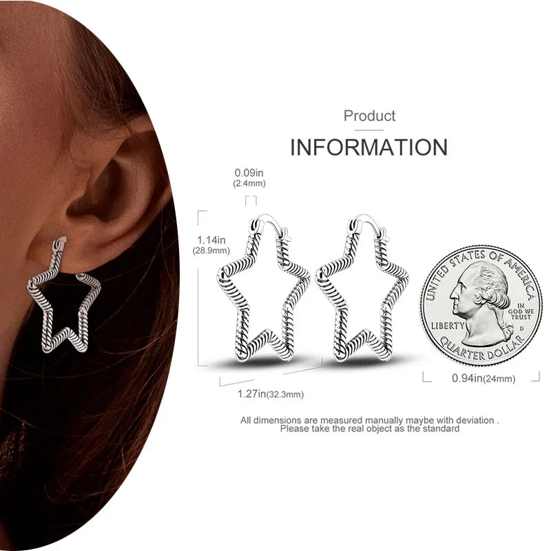 925 Silver Hoop Earrings  For Woman Pendientes Zircon Heart Shape Star Eardrop Original Earring Fashion Jewelry