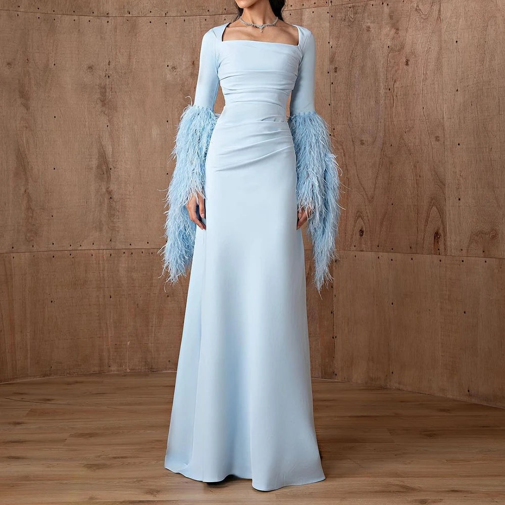 Elegant Feathers Light Blue Evening Dress Luxury Long Sleeve Floor Length Sweep Train Special Occasion Prom Dress Chic Gowns