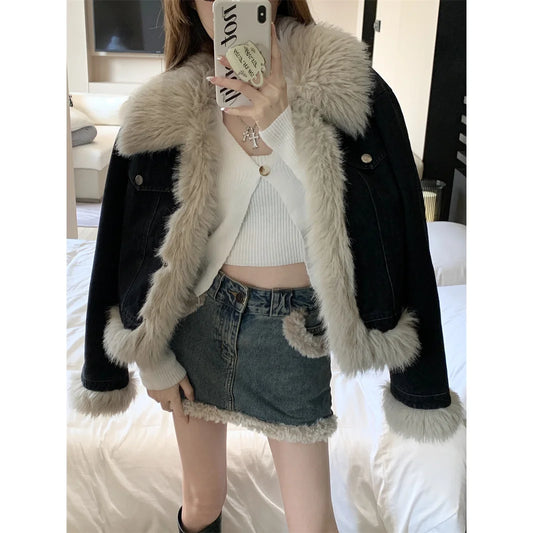 Autumn and Winter New Warm Suit Women's Fur One-piece Denim Jacket Y2K Fashion Splicing Skirt Goth Skirt Harajuku Two-piece Set