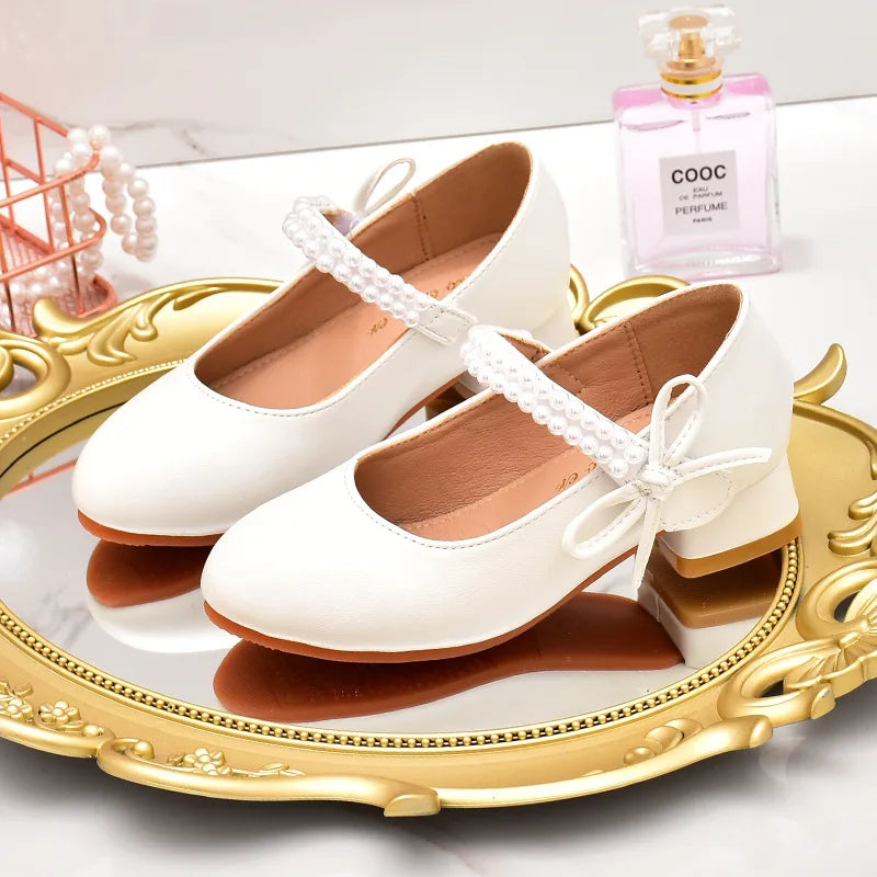 Girls' Leather Princess Shoes 2023 Children's Shoes Round-Toe Soft-Sole Girls High Heel Princess Crystal Party Dance Shoes