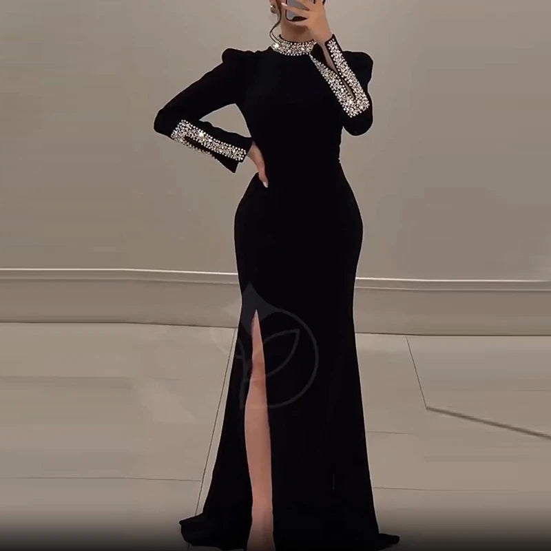 Luxury Elegant Slim Rhinestone Evening Dress 2025 New Women's Temperament Split Long Robe Sexy Bodycon Long Sleeve Banquet Dress