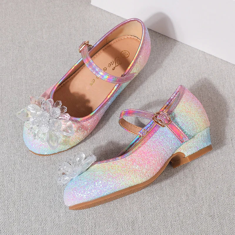 Girls Sandals Rhinestone Butterfly Latin Dance Kids Shoes Children High Heel Princess Shoes Glitter Leather Party Dress Wedding