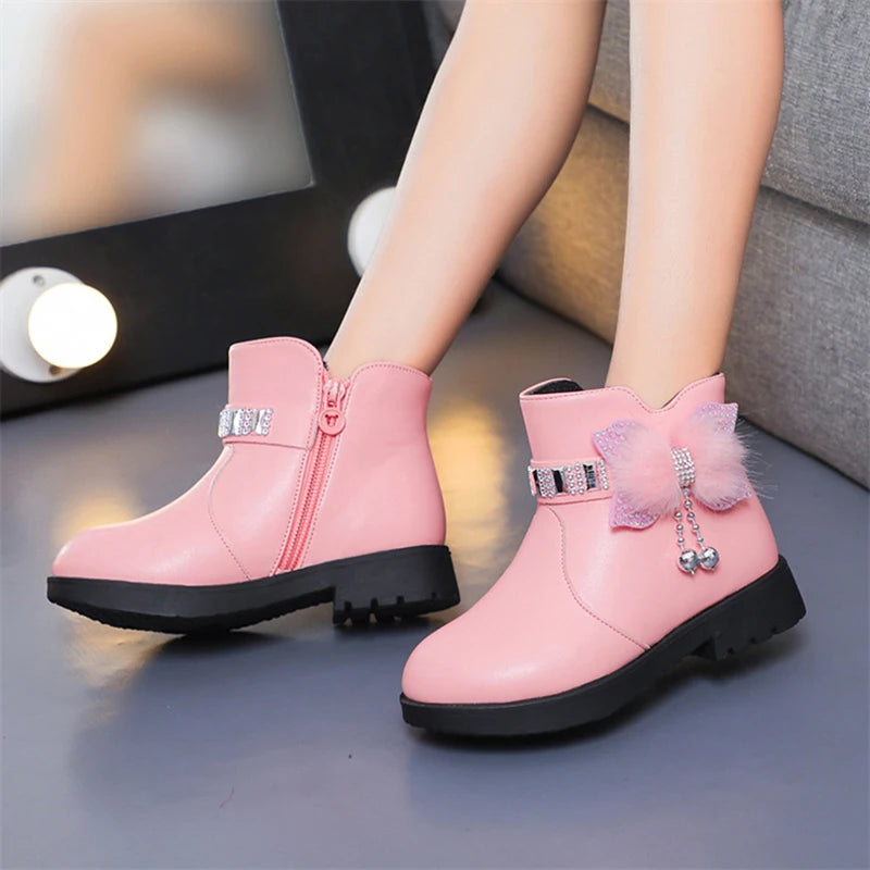 Winter New Children's Shoes Girl Mid Length Warm Leather Boots Baby Bow Cute  Plush Student  Cotton Boots