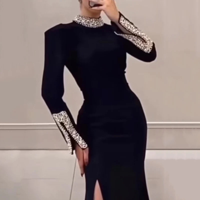 Luxury Elegant Slim Rhinestone Evening Dress 2025 New Women's Temperament Split Long Robe Sexy Bodycon Long Sleeve Banquet Dress