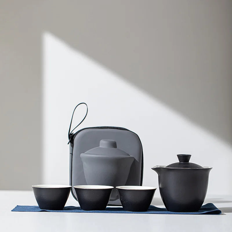 1 Set Portable Teacup Set Travel Kit Ceramic Kung Fu Teaware Ceramic Outdoor Camping Adults Chinese One Tea Pot Three Cups Gift