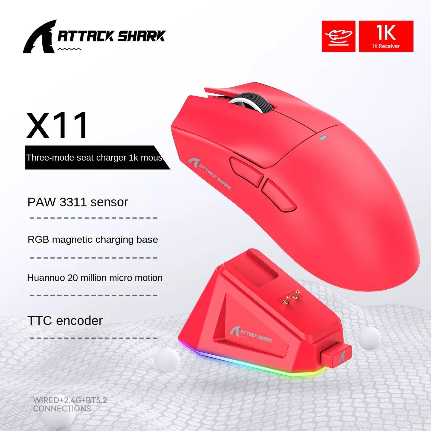 Attack Shark X11 PAW3311 White Bluetooth Mouse, Triple Mode Connectivity, Touch Magnetic Charging Dock, Ultra-Light Gaming Mouse