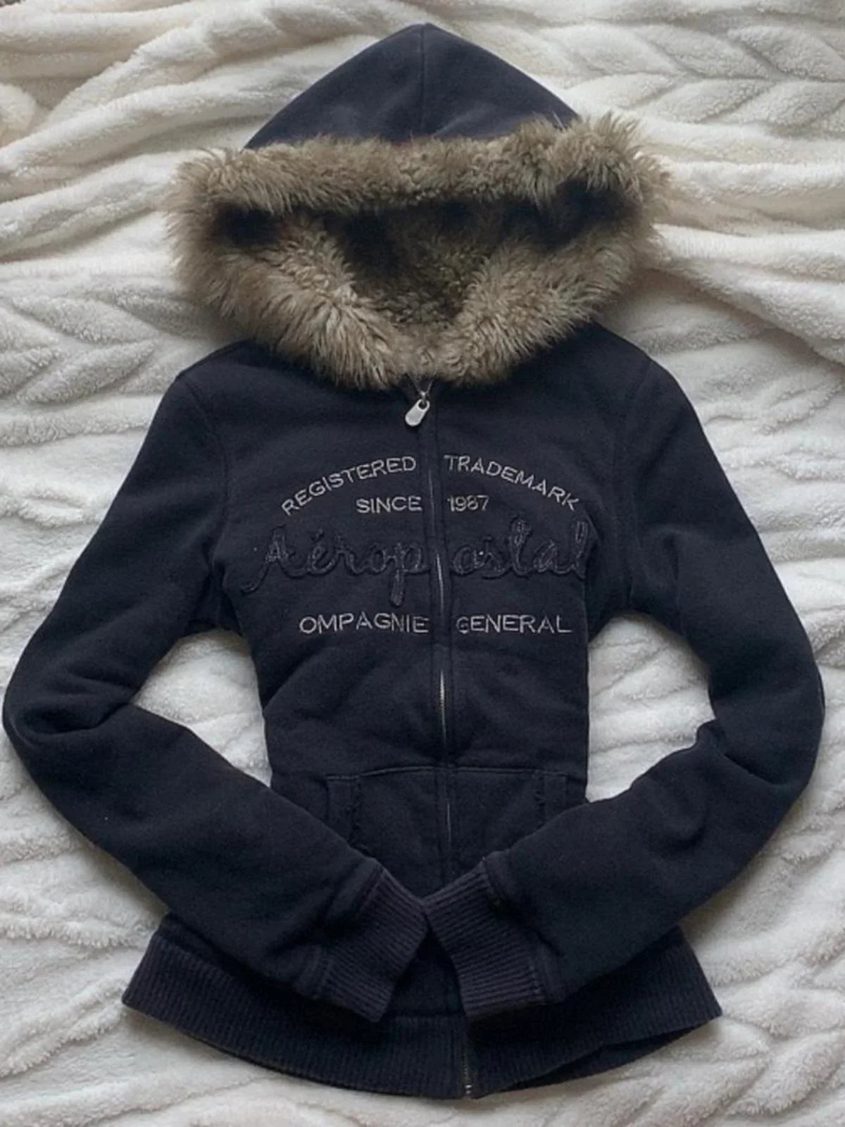 Retro Fur Collar Letter Embroidered Black Zipper Hoodie Women Y2K Street Millennial Hot Girl Slim Warm Harajuku Casual Jacket