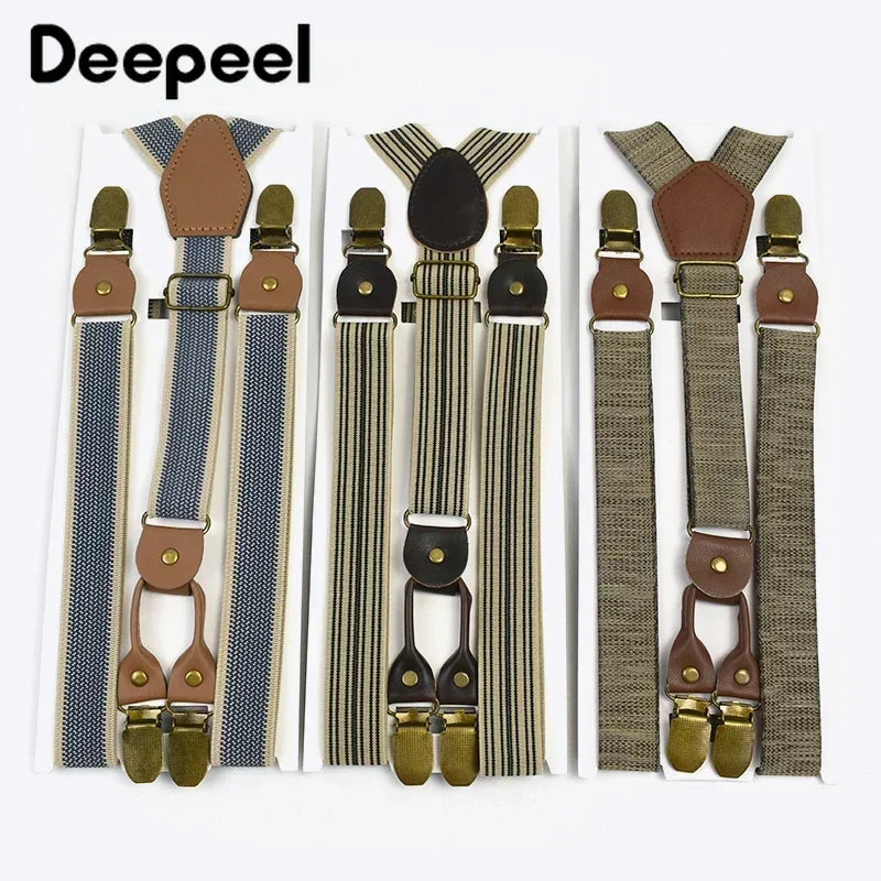 2.5cm Retro Elastic Mens Suspenders Unisex 4 Clips Y-Type Stripe Strong Strap Wide Braces Male Jockstrap Casual Men's Suspender