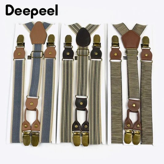 2.5cm Retro Elastic Mens Suspenders Unisex 4 Clips Y-Type Stripe Strong Strap Wide Braces Male Jockstrap Casual Men's Suspender