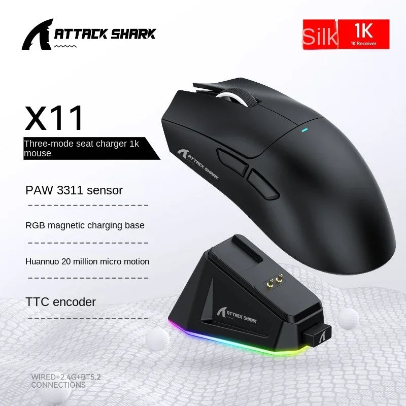Attack Shark X11 PAW3311 White Bluetooth Mouse, Triple Mode Connectivity, Touch Magnetic Charging Dock, Ultra-Light Gaming Mouse