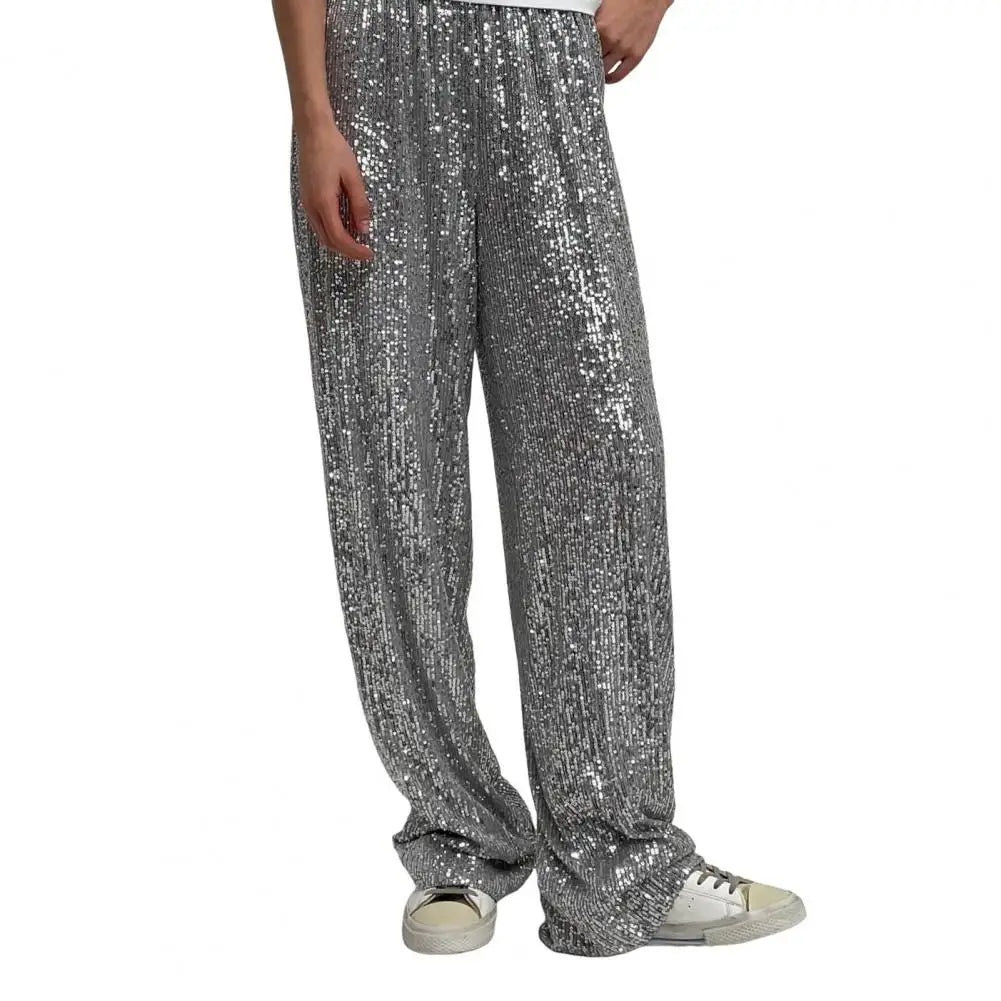 High-waisted Sequin Pants Sequin Embellished Wide Leg Pants for Women Mid-rise Elastic Waist Trousers with Shiny for Women