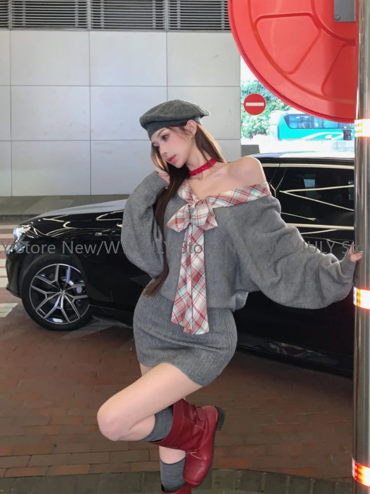 Autumn Winter Off Shoulder Elegant Knitted Dress Long Sleeve Plaid Sexy Dress Slim Bodycon Y2k Mini Dress Woman Korean Style