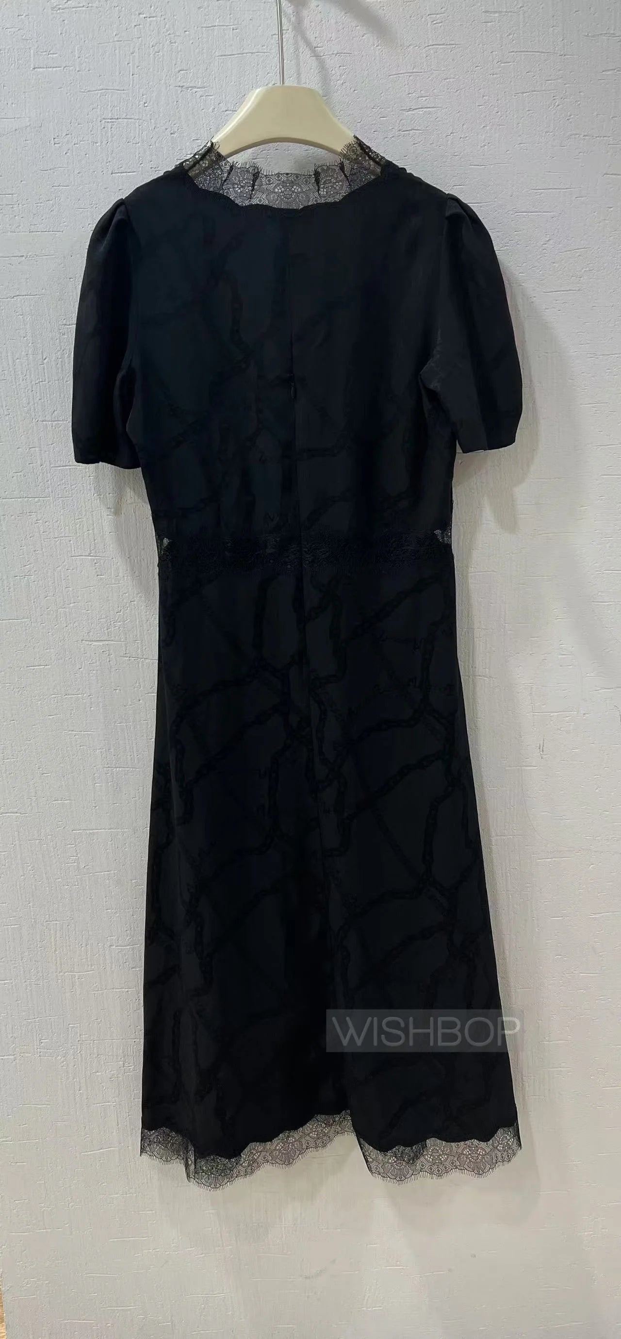 Woman Fashion Black Silk V-neck Lace Embroidered Patchwork Short Sleeved Midi Dress Chains Jacquard High Quality Dresses 2024