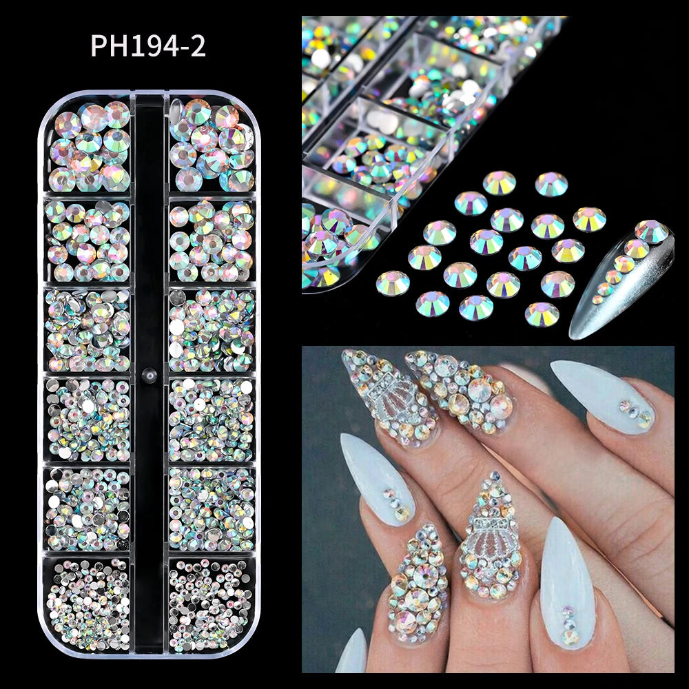 12 Grids Mixed White Pearl Nail Charms 3D Round/Semicircle Pearl Beads Nail Art Rhinestones Manicure Accessories DIY Parts Y7%6K