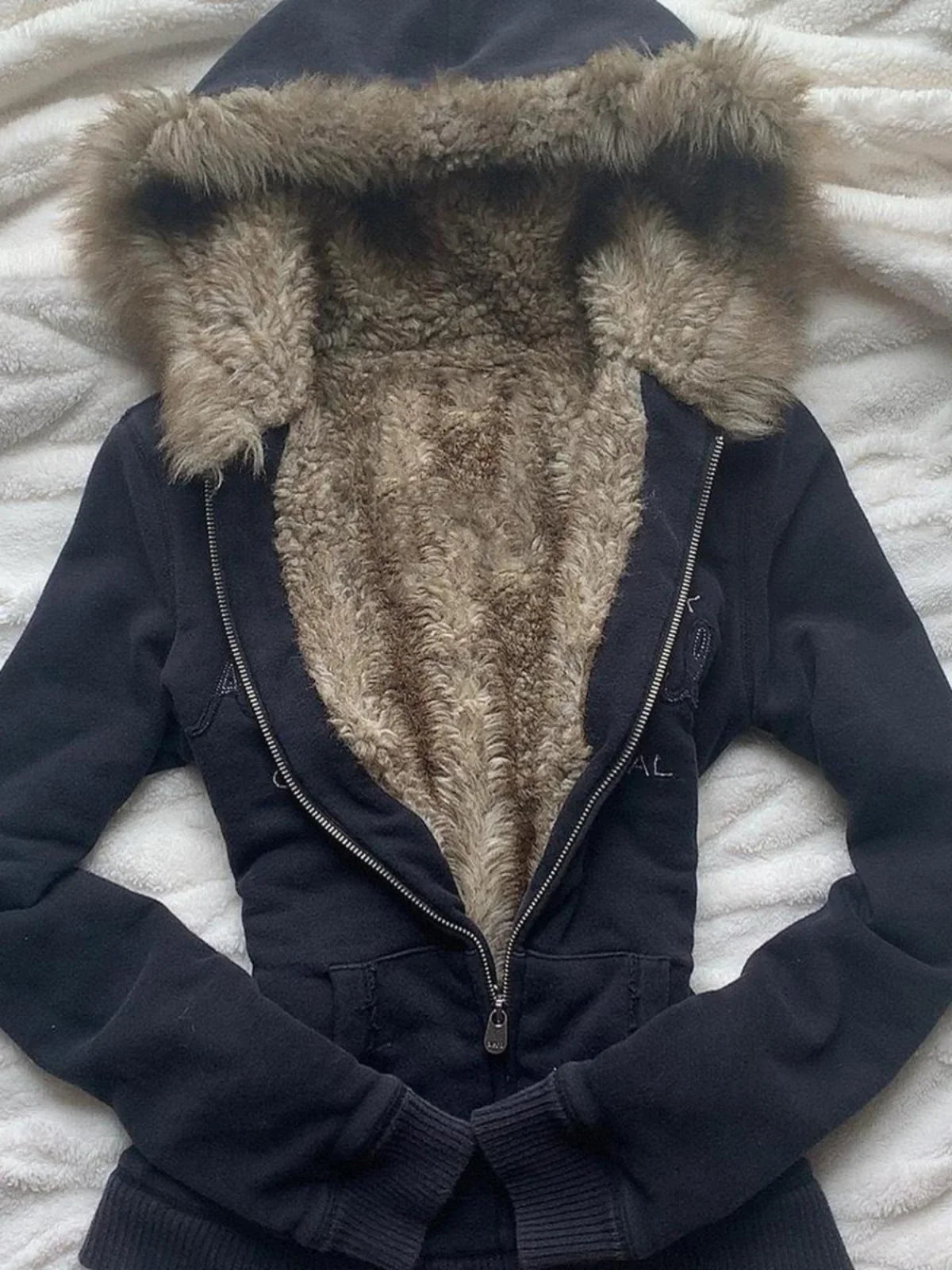 Retro Fur Collar Letter Embroidered Black Zipper Hoodie Women Y2K Street Millennial Hot Girl Slim Warm Harajuku Casual Jacket
